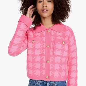 English Factory Pink Cropped Houndstooth Cardigan Sweater NWOT Size Medium
